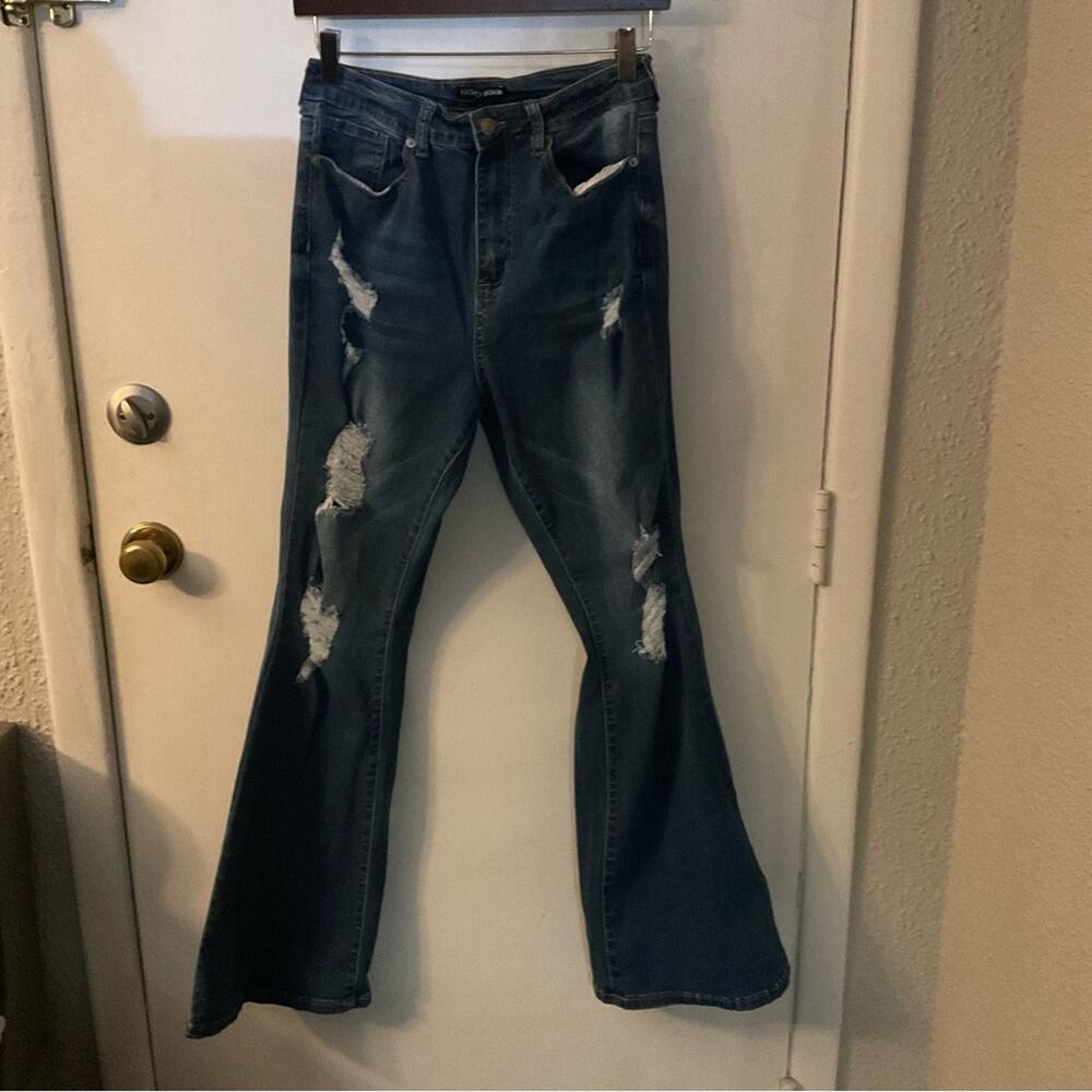 Fashion Nova Distressed Blue Flare Bellbottoms 11 Juniors Casual Boho Festival